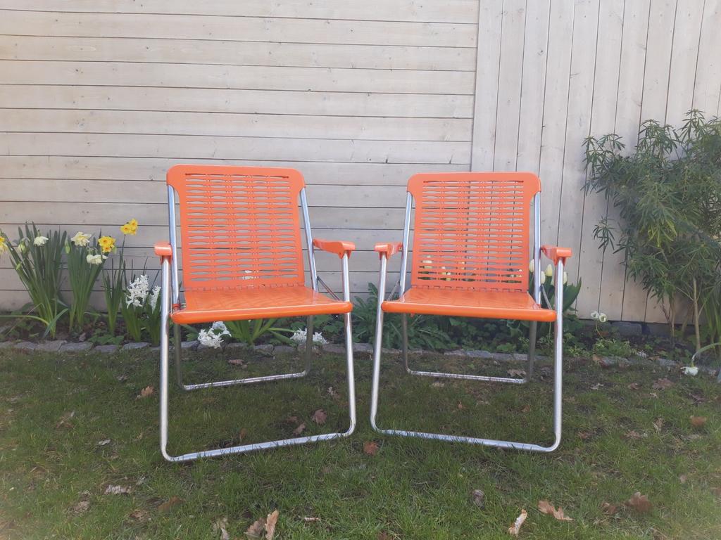 Vintage retro oranje campingstoeltjes, klapstoel, jaren 70, Caravans en Kamperen, Kampeeraccessoires, Ophalen, Gebruikt
