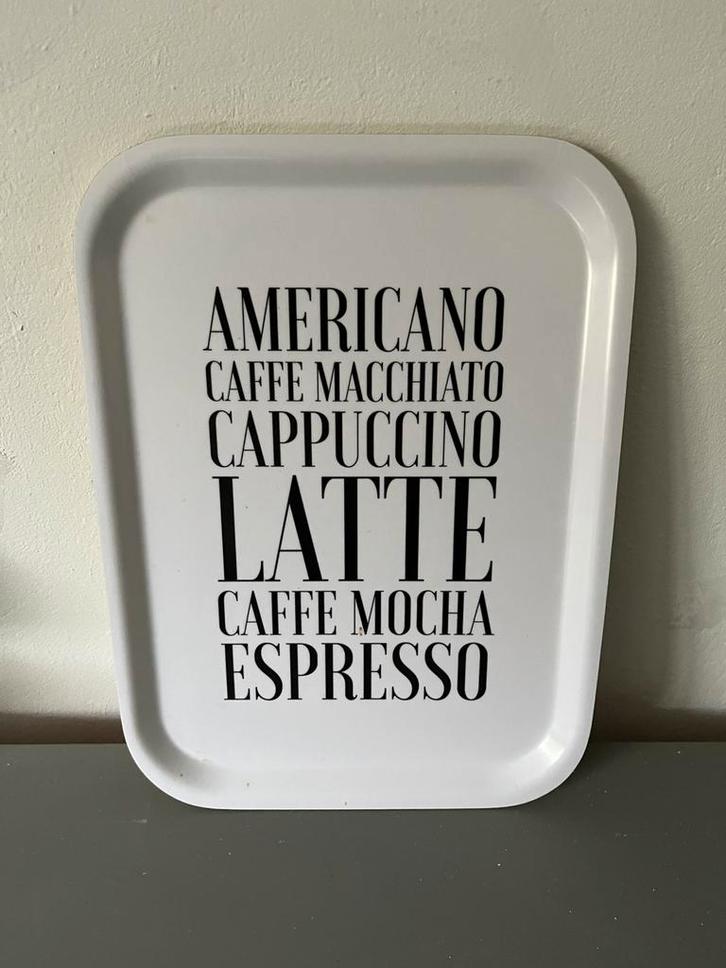 Dienblad tekst koffie, wit, Huis en Inrichting, Woonaccessoires | Dienbladen, Zo goed als nieuw, Kunststof, Rechthoekig, Ophalen of Verzenden