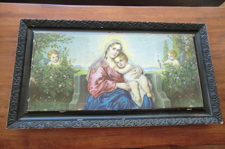 klassieke houten lijst met een poster van Maria met kind, Antiek en Kunst, Curiosa en Brocante, Ophalen