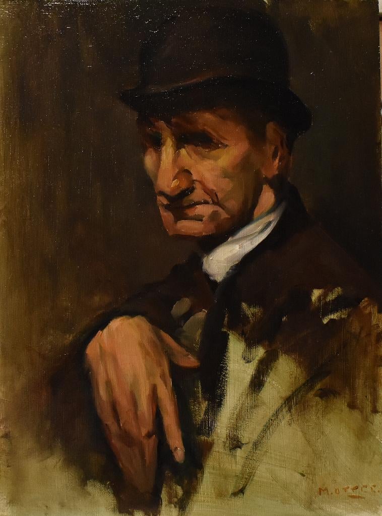Schilderij M.Ottee portret van een man met hoed., Antiek en Kunst, Verzenden