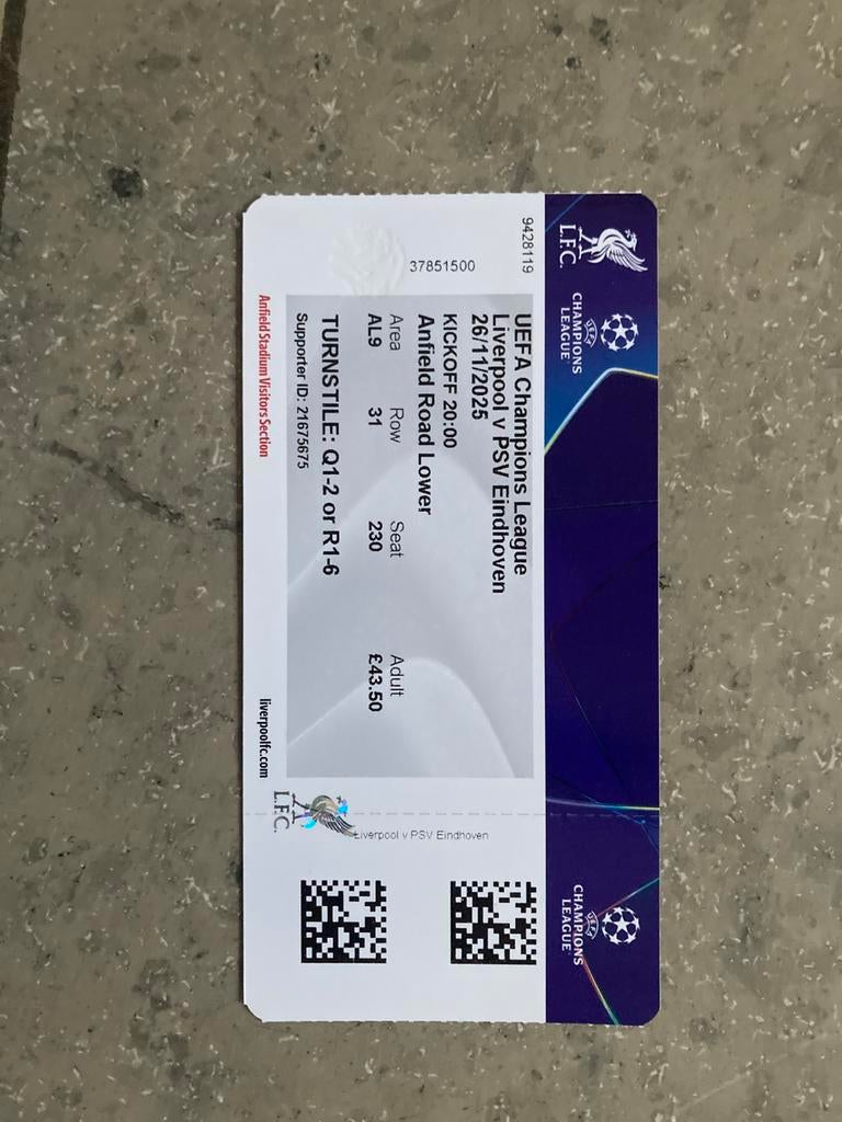 TICKET LIVERPOOL-PSV CHAMPIONS LEAGUE 25-26, Ophalen of Verzenden, Zo goed als nieuw, PSV, Overige typen