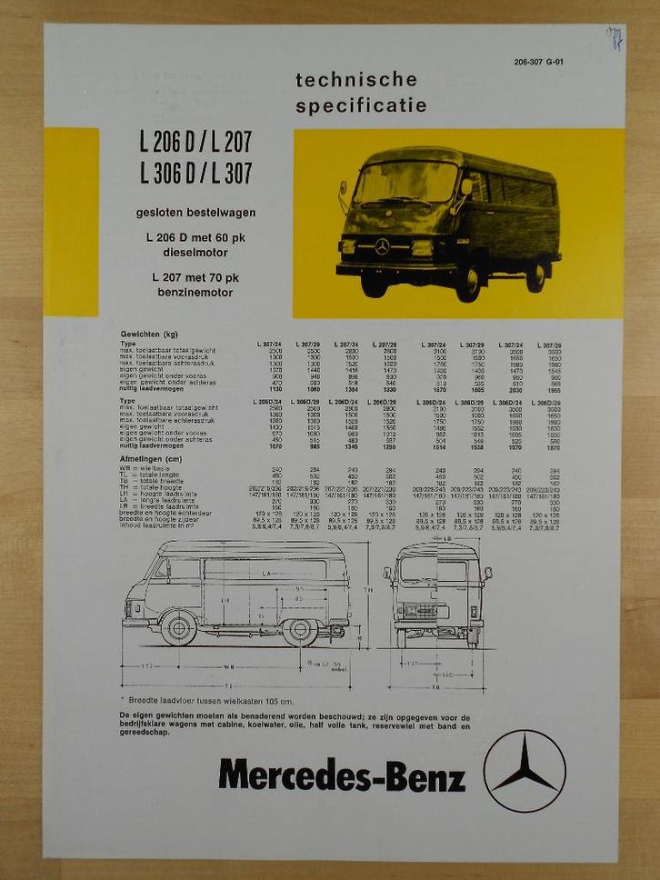 Mercedes 206 306 207 307 Technische Specificatie folder 1976, Boeken, Auto's | Folders en Tijdschriften, Zo goed als nieuw, Mercedes