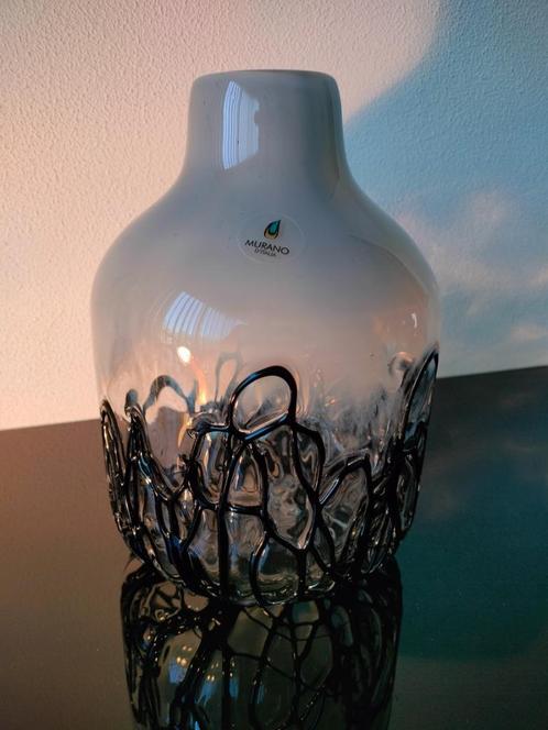 Italië Design Vintage Glas Vaas Grijs Zwart Glasdraden 1950, Antiek en Kunst, Antiek | Glas en Kristal, Ophalen of Verzenden