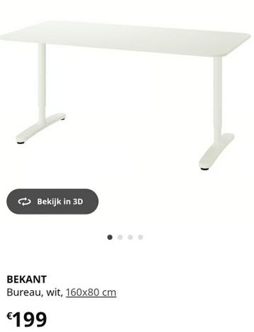 Ikea bureau Bekant 160x80 wit verstelbaar sta zit hoogte - afbeelding 2