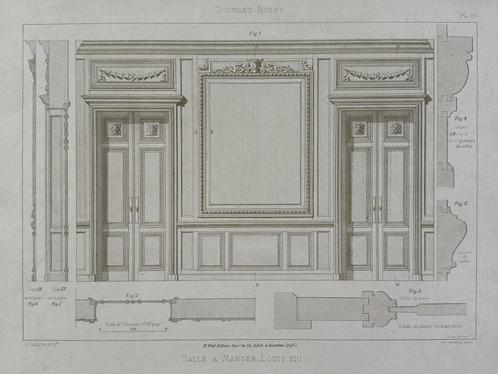 Litho 1900 - Louis XIII interieur - Franse ontwerptekening, Antiek en Kunst, Kunst | Litho's en Zeefdrukken, Verzenden