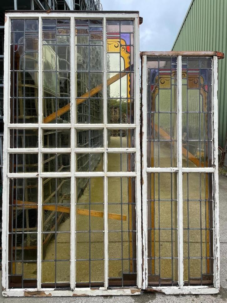 2 glas in lood ramen 212x102cm & 181x57cm., Antiek en Kunst, Curiosa en Brocante, Ophalen