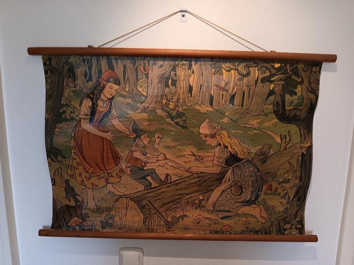 Oude schoolplaat, muurplaat, Roodkapje en Sneeuwitje, Antiek en Kunst, Antiek | Schoolplaten, Natuur en Biologie, Ophalen