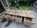 Robuuste eikenhouten tafel + 8 stoelen met zitkussens, Tuin en Terras, Tuinsets en Loungesets, 8 zitplaatsen, Gebruikt, Stoel
