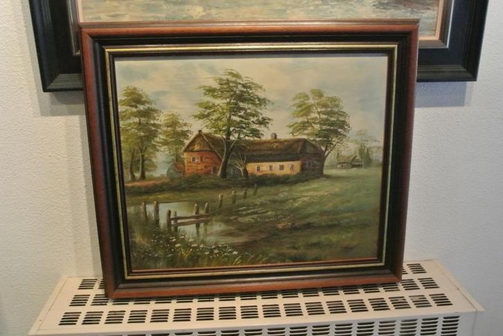 Schild.Gesigneerd Boerenhoeve/ op Erf/Twee Schuren, Antiek en Kunst, Kunst | Schilderijen | Klassiek, Ophalen of Verzenden