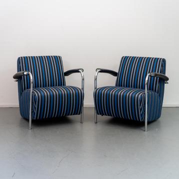Leolux Scylla fauteuils blauw gestreepte stof / chroom beschikbaar voor biedingen