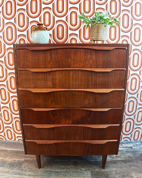 Vintage Deens design ladekast teakhout Klaus Okholm, Huis en Inrichting, Kasten | Ladekasten, Zo goed als nieuw, Minder dan 100 cm