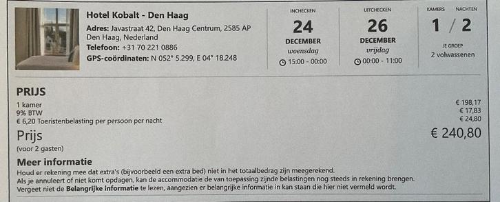 Den Haag, 2 hotelovernachtingen met Kerst., Tickets en Kaartjes, Hotelbonnen, Twee personen, 2 overnachtingen