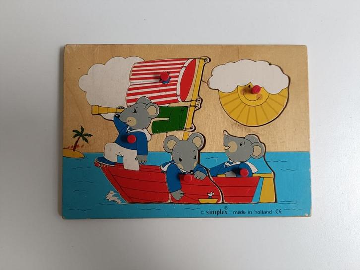 Vintage houten vormenpuzzel muisjes in boot Simplex 6st, Kinderen en Baby's, Speelgoed | Kinderpuzzels, Gebruikt, Minder dan 10 stukjes