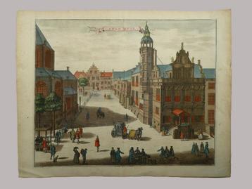 Originele handgekleurd kopergravure Den Haag - Stadhuis 1730 beschikbaar voor biedingen