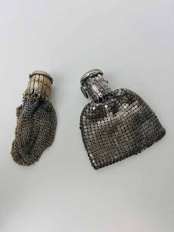 Antiek zilveren mesh chatelaine beursje portemonee 1880-1920 beschikbaar voor biedingen