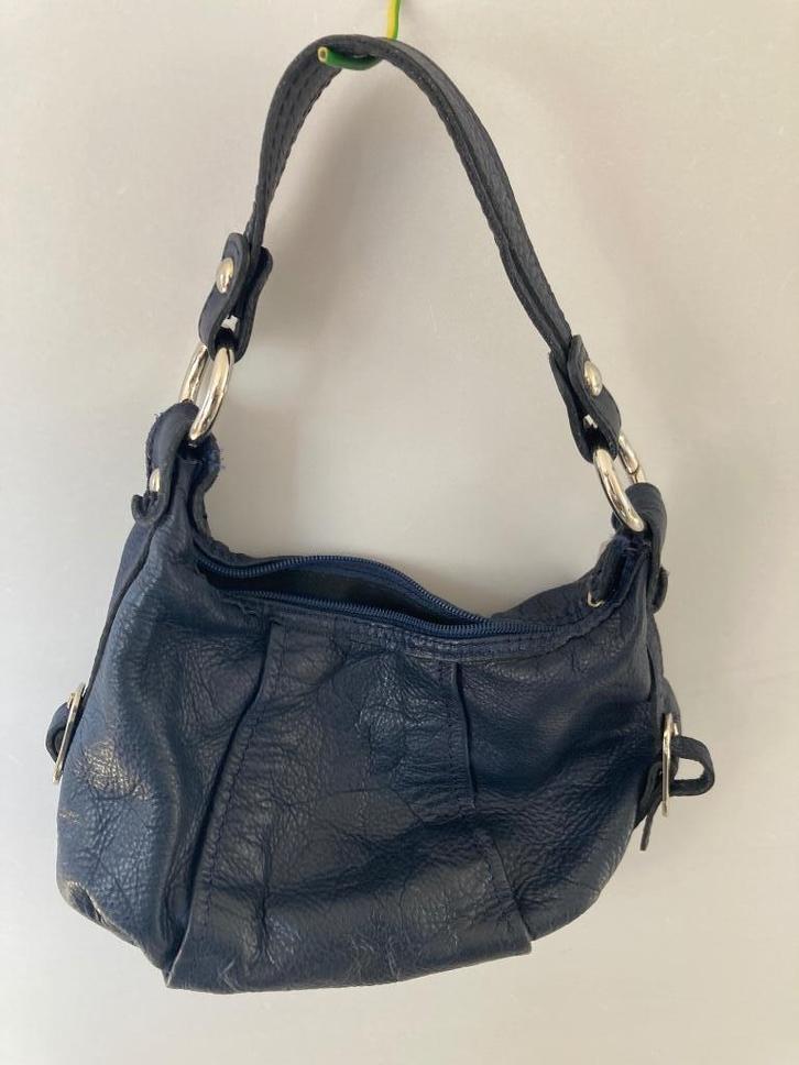 Vintage blauw lederen handtasje, Sieraden, Tassen en Uiterlijk, Tassen | Damestassen, Gebruikt, Handtas, Blauw, Ophalen of Verzenden