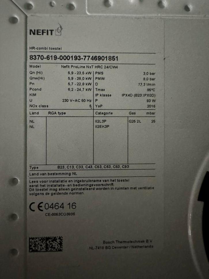 Nefit ProLine NxT CW4 - Goed Onderhouden!, Doe-het-zelf en Verbouw, Geisers en Boilers, Gebruikt, Boiler, Aardgas, Minder dan 20 liter
