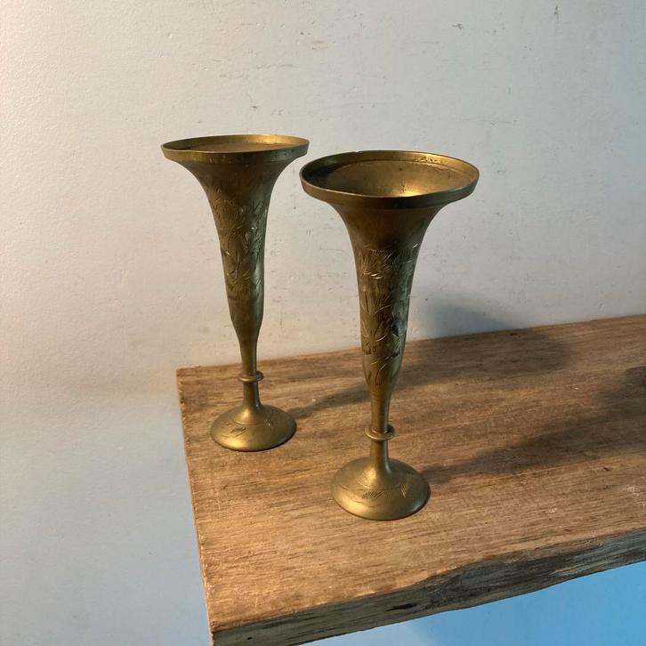 Vintage Messing Vazen uit India - Set van 2, Antiek en Kunst, Curiosa en Brocante, Ophalen of Verzenden