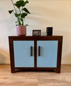 Donker Noten Dressoir/Halmeubel met Blauwe Deuren, Ophalen, 100 tot 150 cm, Zo goed als nieuw, Scandinavisch, midcentury modern