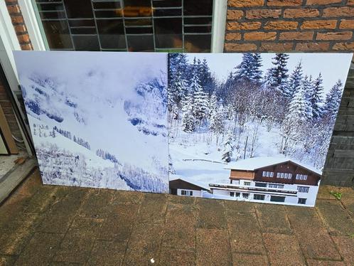 Canvas Sneeuw Ski Kerstdorp Achtergrond 1m x 1m, Diversen, Kerst, Zo goed als nieuw, Ophalen