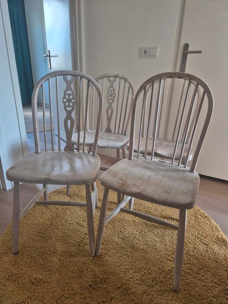 4x vintage houten eetkamerstoelen, Huis en Inrichting, Stoelen, Gebruikt, Vier, Hout, Wit, Ophalen