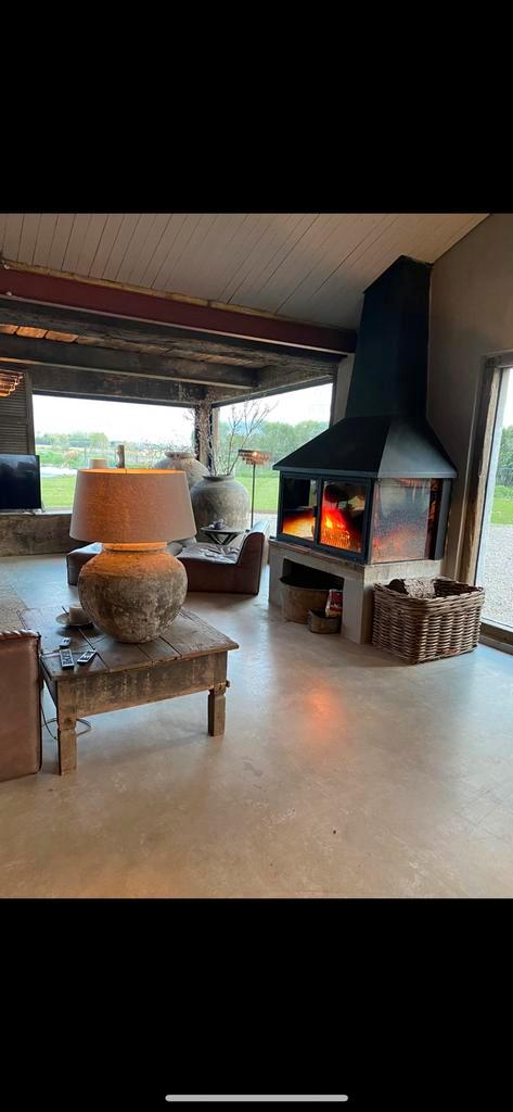Grote open haard kachel schouw kap glas deuren zwart metaal, Huis en Inrichting, Haarden, Gebruikt, Houthaard, Ophalen of Verzenden
