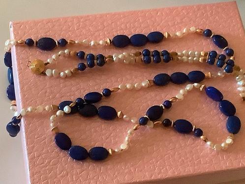 Vintage gouden set ketting /armband Lapis Lazuli parel 14 k, Sieraden, Tassen en Uiterlijk, Kettingen, Zo goed als nieuw, Goud