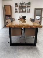 Industriële 244 x 101 cm eettafel robuuste blad + glasplaat, Ophalen, Teakhout, 200 cm of meer, 50 tot 100 cm