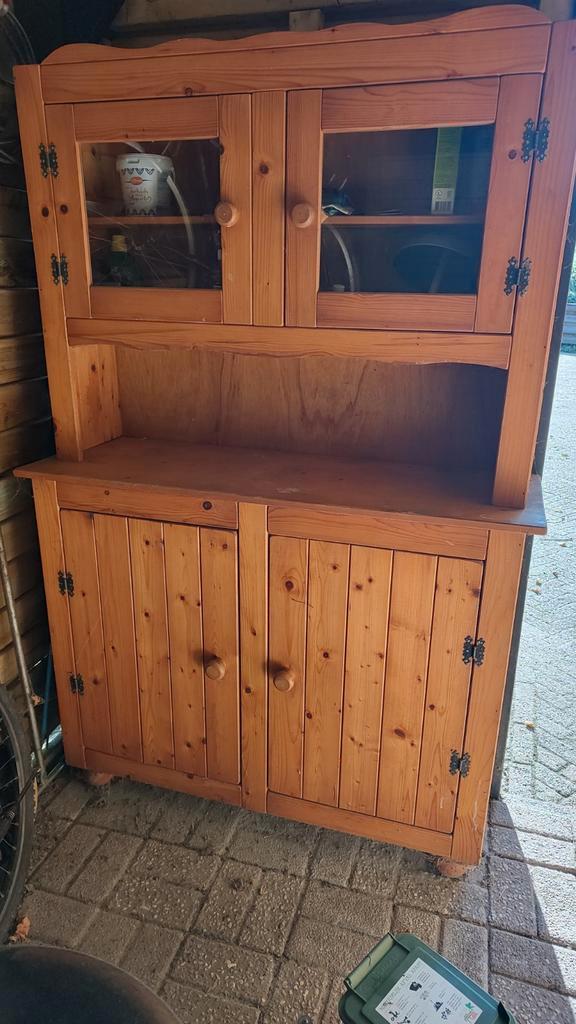 Houten buffetkast met glazen deuren, Huis en Inrichting, Kasten | Buffetkasten, Gebruikt, 25 tot 50 cm, Grenenhout, Ophalen