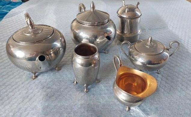 Antiek 6-delig (deels) verzilverd theeservies, Antiek en Kunst, Antiek | Servies compleet, Ophalen of Verzenden