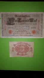 Reichsbanknote 1000 mark en biljet 2 mark., Postzegels en Munten, Duitsland, Ophalen of Verzenden