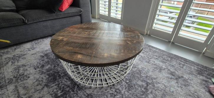 Salontafel hout en wit draadstaal 90cm, Huis en Inrichting, Tafels | Salontafels, Gebruikt, Minder dan 50 cm, 50 tot 100 cm, 50 tot 100 cm