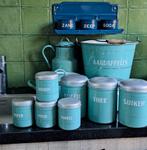 Veel emaille keukengerei blauw/turquoise (pannen, potten), Ophalen, Gebruikt, Overige materialen, Pot, Bus of Blik