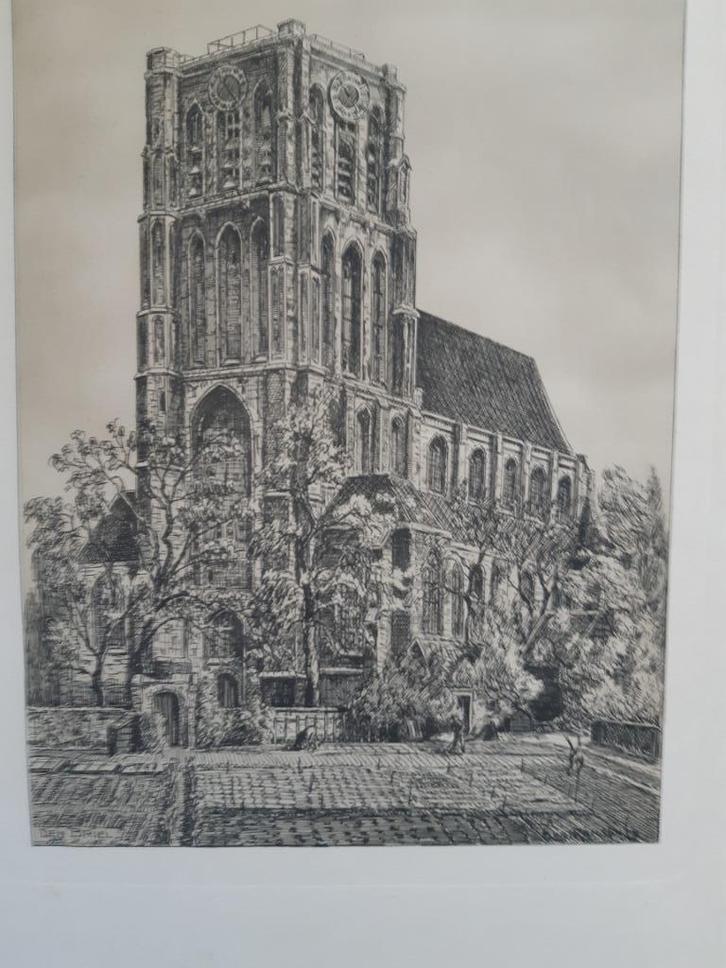 Ets van Eugène Rensburg van kerk/dorpsgezicht Den Briel:, Antiek en Kunst, Kunst | Etsen en Gravures, Ophalen of Verzenden