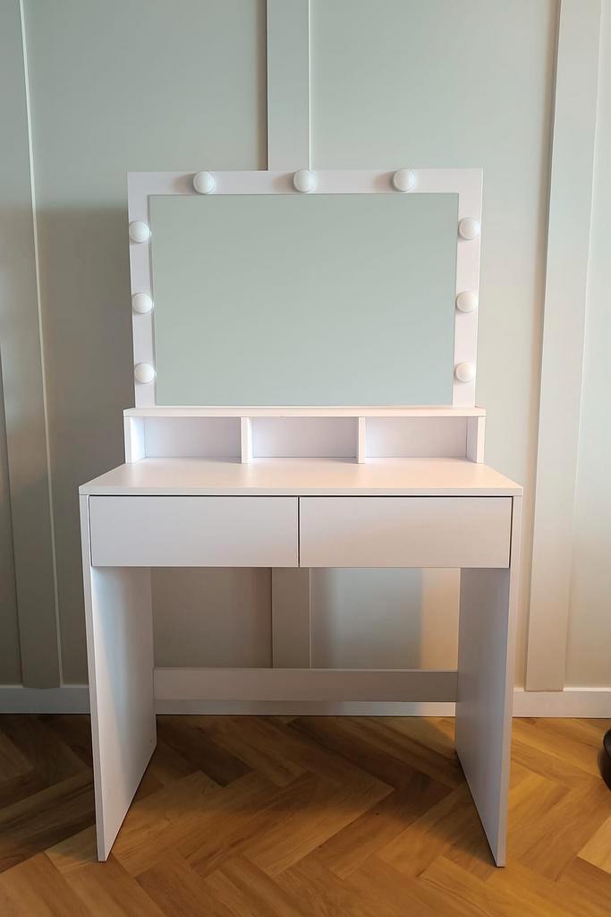 Witte Make-uptafel/Kaptafel met Licht & 2 Lades, Huis en Inrichting, Tafels | Kaptafels, Gebruikt, Minder dan 100 cm, 50 tot 100 cm