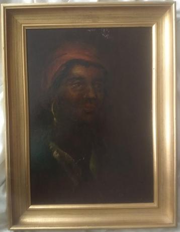 Olieverfschilderij portret man met gouden oorring beschikbaar voor biedingen
