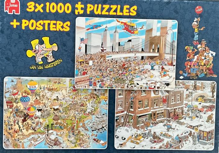 Jan van Haasteren puzzels. Drie in een doos., Hobby en Vrije tijd, Denksport en Puzzels, Zo goed als nieuw, 500 t/m 1500 stukjes