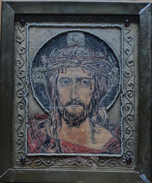 Interessante Icoon van Christus achter glas, Verzamelen, Religie, Gebruikt, Christendom | Katholiek, Overige typen, Ophalen of Verzenden