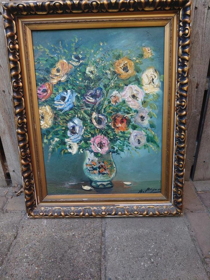 Bloemenstilleven Olieverf Schilderij Gouden Lijst, Antiek en Kunst, Kunst | Schilderijen | Klassiek, Ophalen