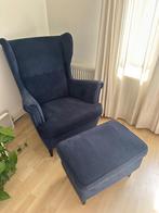 IKEA donkerblauwe fluwelen strandmon fauteuil + hocker, Huis en Inrichting, Fauteuils, Ophalen, Gebruikt, 75 tot 100 cm, Hout