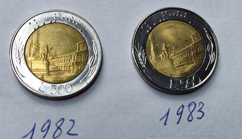2 Italiaanse munten van 500 lire van 1982 en 1983, Postzegels en Munten, Munten | Europa | Niet-Euromunten, Losse munt, Italië