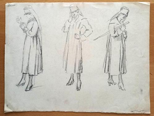 A493-44 Oude tekening Drie schetsen van vrouw (zusters), Antiek en Kunst, Antiek | Boeken en Bijbels, Ophalen of Verzenden