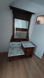 Antiek gangkastje of kaptafel, eikenhout met marmeren bladen, Ophalen of Verzenden, Rechthoekig