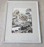 Rivier landschap aan gebergte gemengde techniek ingelijst, Antiek en Kunst, Kunst | Schilderijen | Klassiek, Verzenden
