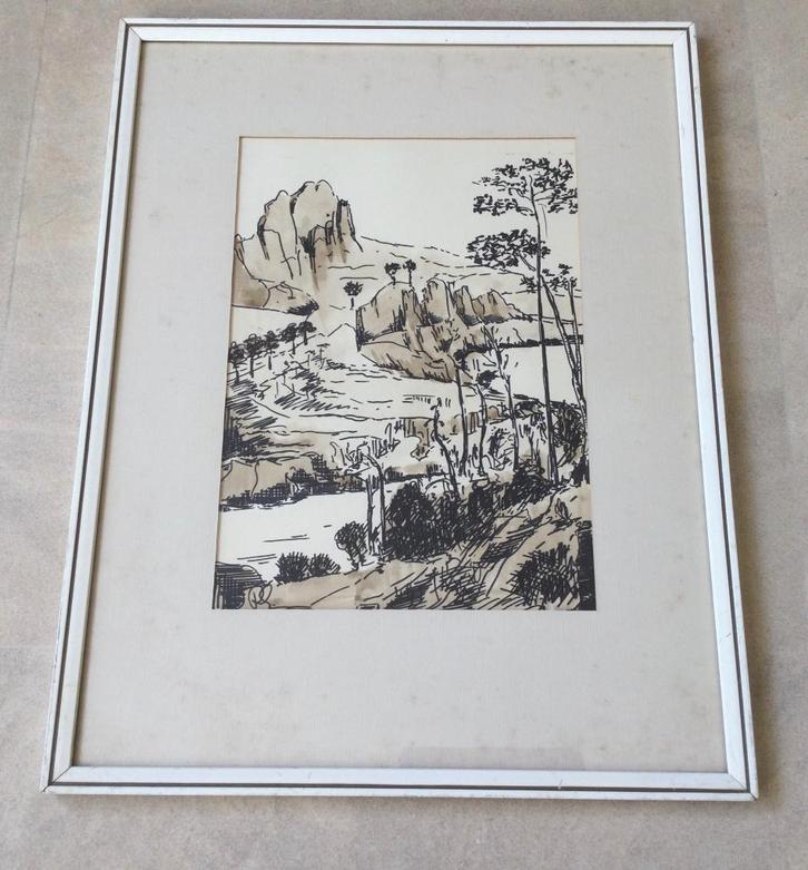 Rivier landschap aan gebergte gemengde techniek ingelijst, Antiek en Kunst, Kunst | Schilderijen | Klassiek, Verzenden