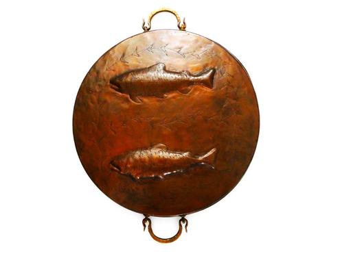 Grote roodkoperen vispan pan 2 vissen floraal gedecoreerd, Antiek en Kunst, Antiek | Koper en Brons, Koper, Ophalen of Verzenden