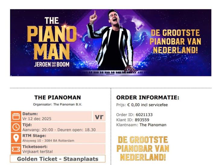 The Pianoman 2 Golden cirkel tickets 12-12 💜, Tickets en Kaartjes, Concerten | Nederlandstalig, Eén persoon, December