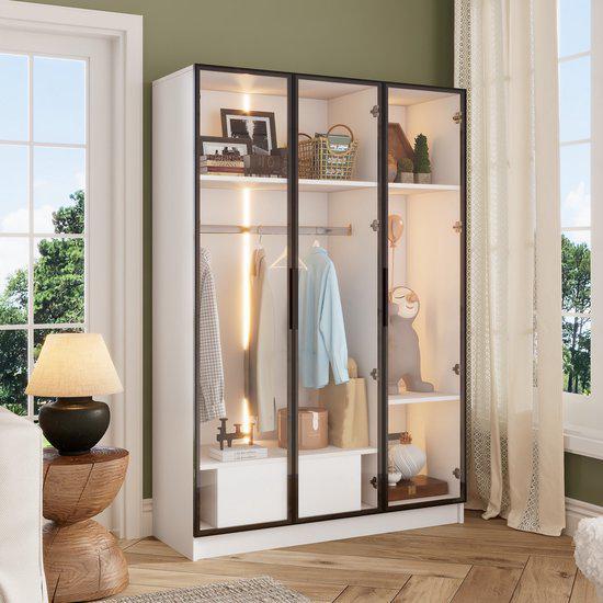 Merax moderne kledingkast met 3 glazen deuren, Huis en Inrichting, Kasten | Kledingkasten, Zo goed als nieuw, 150 tot 200 cm, 100 tot 150 cm