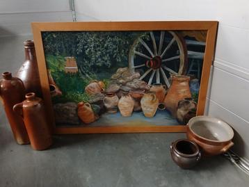Schilderij, aardewerk potten en kruiken/wagenwiel beschikbaar voor biedingen