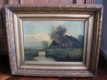 Oud schilderij van boerderij aan water (rond Weesp?). beschikbaar voor biedingen